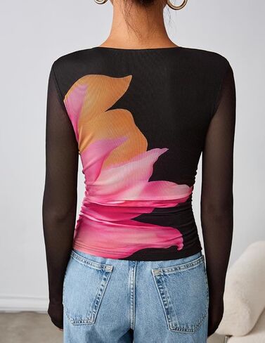 ZESICA Womens Floral Mesh Going Out Tops Fall Long Sleeve Crewneck Slim Fit Ruched Y2k Shirts Beach Vacation Outfits in Saudi Arabia