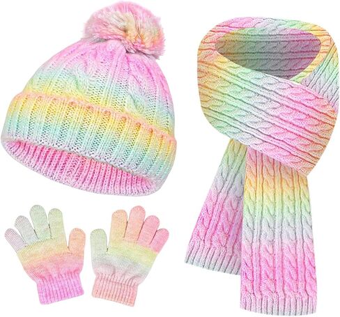 SK Studio Kids Winter Hat Gloves Scarf Set, Girls Toddler Beanie with Pom Knit Neck Warmer Gloves Fleece Lined Set in Kuwait