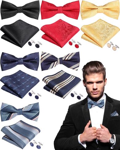 6 Sets Pre Tied Bow Tie and Pocket Square Cuff Links Sets for Men Classic Formal Tuxedo Adjustable Elegant Bowtie for Wedding Party Halloween Christmas Birthday Gifts in Saudi Arabia