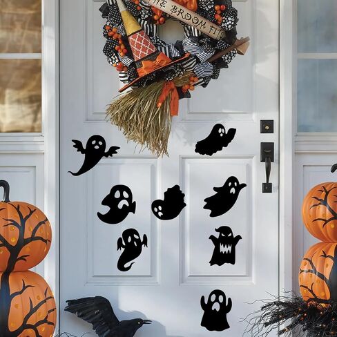 8Pcs/Set Halloween Ghost Decals Self-Adhesive Vinyl Halloween Wall Stickers Happy Hallowen Wall Decor Black White Pink Spooky Fly Ghosts for Home Door Car Bumper Sticker4×8"(W×L) (Black) in Kuwait