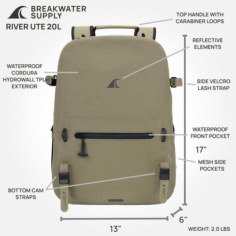 Breakwater Supply™ River Ute Waterproof IP68 Fishing Backpack, Floating TPU Submersible Dry Bag with Padded Hip Belt and Airtight Zippers | 20L (River Ute 20L CORDURA Safari Tan) in Saudi Arabia