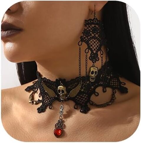 Gothic Necklace Set for Women Blood Crystal Lace Choker Skull Dangle Earrings Set Halloween Black Red Jewelry in Saudi Arabia