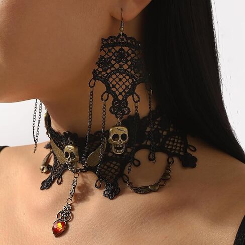 Gothic Necklace Set for Women Blood Crystal Lace Choker Skull Dangle Earrings Set Halloween Black Red Jewelry in Saudi Arabia