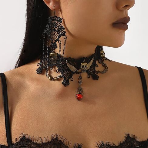 Gothic Necklace Set for Women Blood Crystal Lace Choker Skull Dangle Earrings Set Halloween Black Red Jewelry in Saudi Arabia