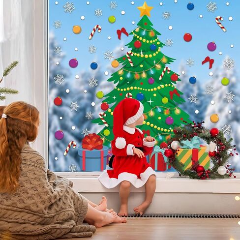 2 Sheet Christmas Tree Window Clings Extra Large Xmas Tree Snowflake Window Decals Stickers Reusable Double-Sided Christmas Windows Decorations for Xmas Winter Holiday Party Home Office Glass Decor in Saudi Arabia