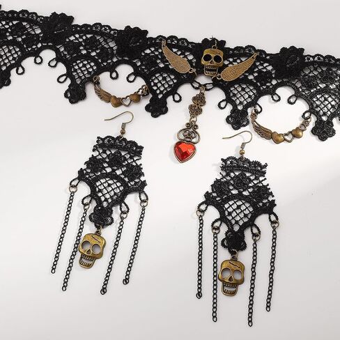 Gothic Necklace Set for Women Blood Crystal Lace Choker Skull Dangle Earrings Set Halloween Black Red Jewelry in Saudi Arabia