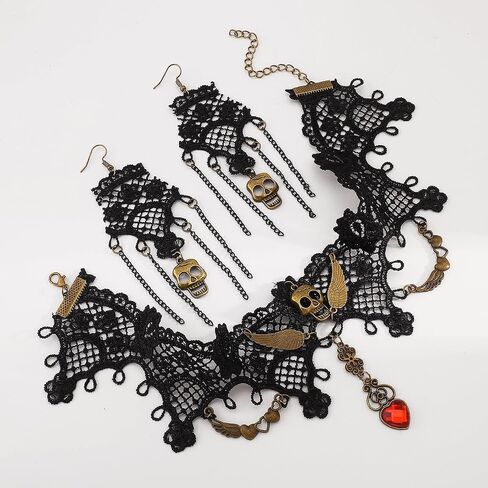 Gothic Necklace Set for Women Blood Crystal Lace Choker Skull Dangle Earrings Set Halloween Black Red Jewelry in Saudi Arabia