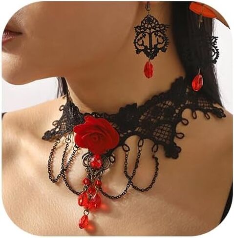 Gothic Necklace Set for Women Blood Crystal Lace Choker Skull Dangle Earrings Set Halloween Black Red Jewelry in Saudi Arabia