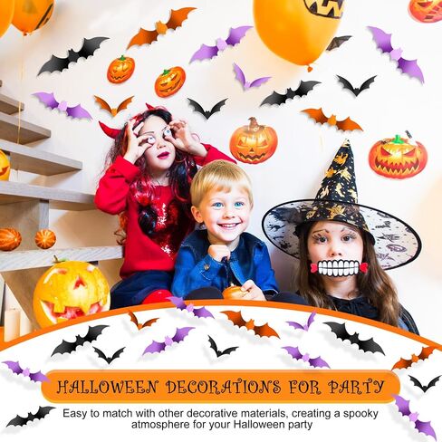 Clabby Halloween Bats Wall Decor 48 قطعة واقعية PVC 3D الخفافيش ملصقات الحائط ديكور 3 ألوان 4 أحجام الأرجواني الأسود البرتقالي لزجة الخفافيش الشارات لغرفة مكتب ويندوز داخلي DIY لوازم حفلات الهالوين in Saudi Arabia
