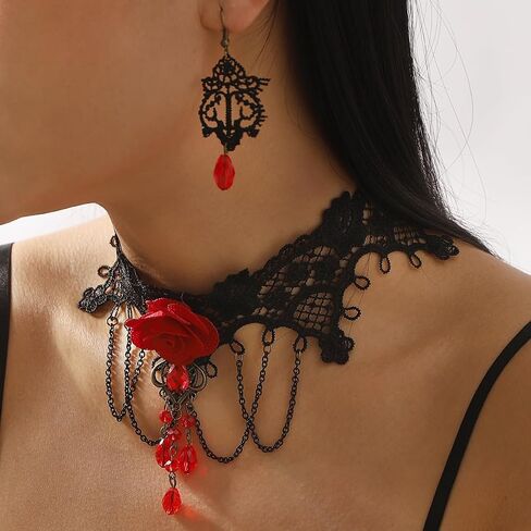 Gothic Necklace Set for Women Blood Crystal Lace Choker Skull Dangle Earrings Set Halloween Black Red Jewelry in Saudi Arabia