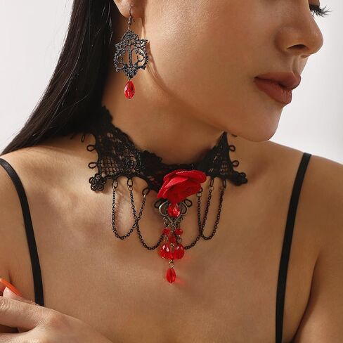 Gothic Necklace Set for Women Blood Crystal Lace Choker Skull Dangle Earrings Set Halloween Black Red Jewelry in Saudi Arabia