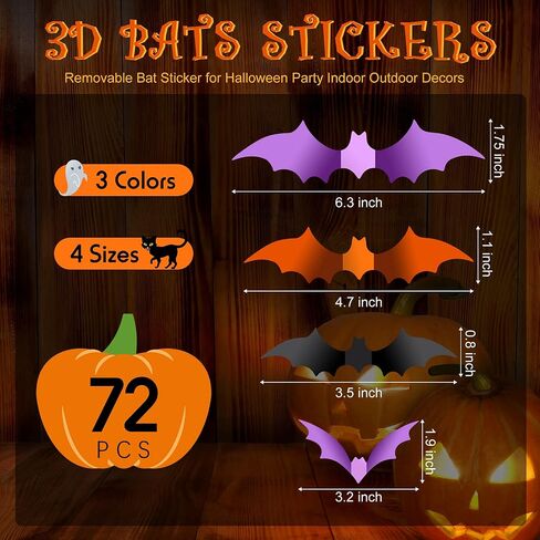 Clabby Halloween Bats Wall Decor 48 قطعة واقعية PVC 3D الخفافيش ملصقات الحائط ديكور 3 ألوان 4 أحجام الأرجواني الأسود البرتقالي لزجة الخفافيش الشارات لغرفة مكتب ويندوز داخلي DIY لوازم حفلات الهالوين in Saudi Arabia