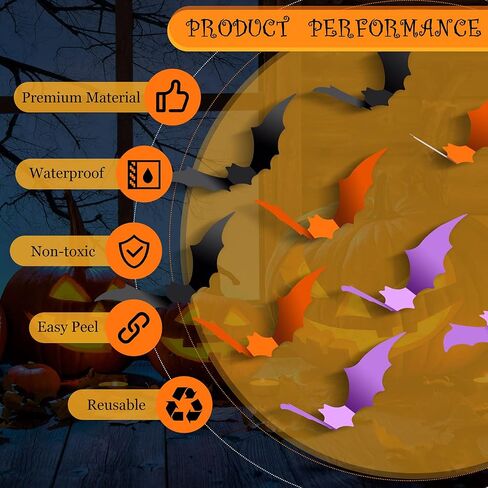 Clabby Halloween Bats Wall Decor 48 قطعة واقعية PVC 3D الخفافيش ملصقات الحائط ديكور 3 ألوان 4 أحجام الأرجواني الأسود البرتقالي لزجة الخفافيش الشارات لغرفة مكتب ويندوز داخلي DIY لوازم حفلات الهالوين in Saudi Arabia