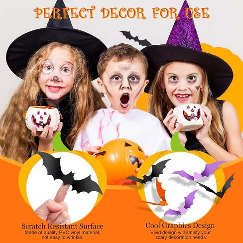 Clabby Halloween Bats Wall Decor 48 قطعة واقعية PVC 3D الخفافيش ملصقات الحائط ديكور 3 ألوان 4 أحجام الأرجواني الأسود البرتقالي لزجة الخفافيش الشارات لغرفة مكتب ويندوز داخلي DIY لوازم حفلات الهالوين in Saudi Arabia