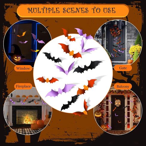 Clabby Halloween Bats Wall Decor 48 قطعة واقعية PVC 3D الخفافيش ملصقات الحائط ديكور 3 ألوان 4 أحجام الأرجواني الأسود البرتقالي لزجة الخفافيش الشارات لغرفة مكتب ويندوز داخلي DIY لوازم حفلات الهالوين in Saudi Arabia
