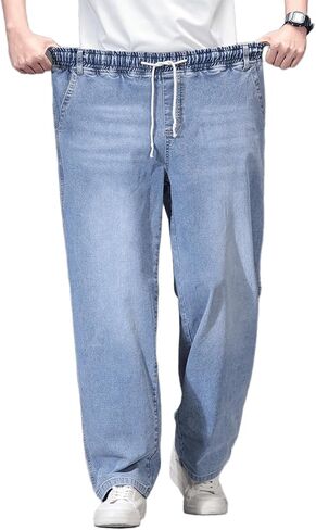 حجم كبير الجينز الفضفاضة للرجال بسط مستقيم فضفاض جيت الجينز الرباط الخصر سحب على الدنيم Sweatpants L-5XL in Kuwait