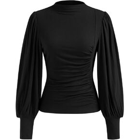CIDER Long Sleeve Tops for Women Turtle Neck Ruched Slim Fit Blouse Elegant Solid Top Long Sleeve in Kuwait