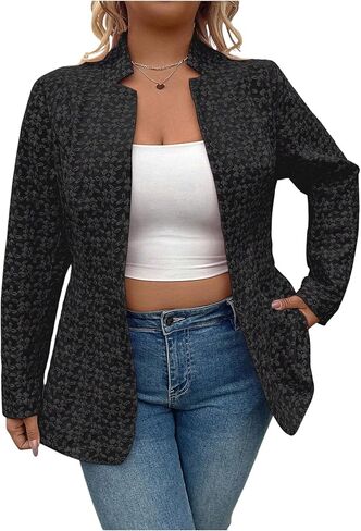 OYOANGLE Women's Plus Size Jacquard Long Sleeve Open Front Blazer Jacket Notch Collar Work Dressy Coat Outerwear in Saudi Arabia