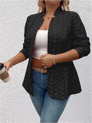 OYOANGLE Women's Plus Size Jacquard Long Sleeve Open Front Blazer Jacket Notch Collar Work Dressy Coat Outerwear in Saudi Arabia
