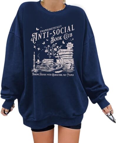 Teacher Book Sweatshirts for Women Anti Social Book Club Sweatshirt Graphic Oversized Funny Pullover Hoodie in Saudi Arabia