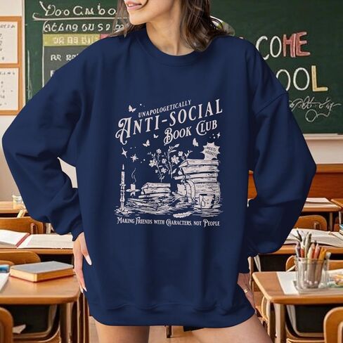 Teacher Book Sweatshirts for Women Anti Social Book Club Sweatshirt Graphic Oversized Funny Pullover Hoodie in Saudi Arabia