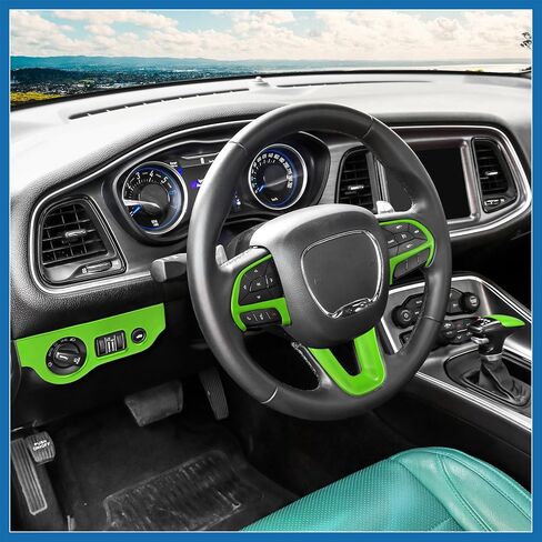 Steering Wheel Decoration Trim & Headlight Switch Panel Sticker & Gear Shift Knob Cover Kit for Dodge Charger Challenger 2015-2021 Interior Accessories Green Item Replacement in Saudi Arabia