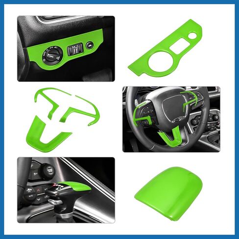 Steering Wheel Decoration Trim & Headlight Switch Panel Sticker & Gear Shift Knob Cover Kit for Dodge Charger Challenger 2015-2021 Interior Accessories Green Item Replacement in Saudi Arabia