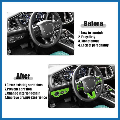 Steering Wheel Decoration Trim & Headlight Switch Panel Sticker & Gear Shift Knob Cover Kit for Dodge Charger Challenger 2015-2021 Interior Accessories Green Item Replacement in Saudi Arabia