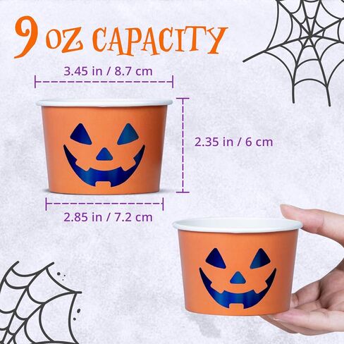 أكواب آيس كريم ورقية، عدد 50 أوعية حلويات للاستعمال مرة واحدة للطعام الساخن أو البارد، أكواب حلوى لحفلات الهالوين سعة 9 أونصات، خفافيش، أسود وفضي in Kuwait