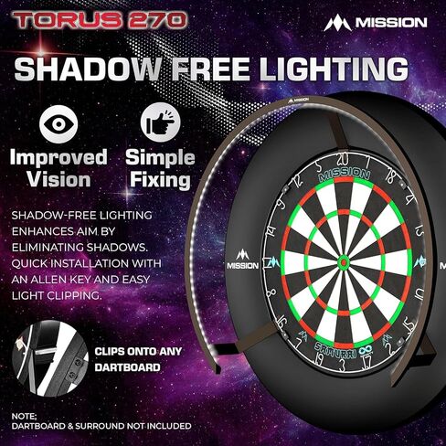 Mission Darts Torus 270 | Dart Board LED Lighting System with Easy Access to Dartboard Area for Unrestricted Play, Sand Blasted Black, Red, Blue, Green, Purple, Bronze and Silver Colours in Saudi Arabia