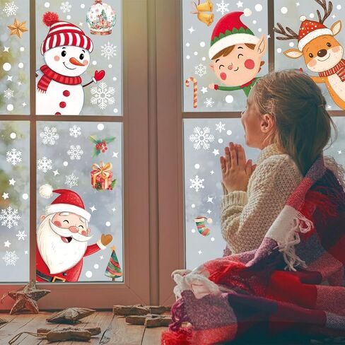 102PCS Christmas Window Stickers for Glass Windows,Double Sided Snowflakes Xmas Window Clings,Reusable Static Santa Claus Reindeer Snowman Christmas Decals,Winter & Holiday Decorations in Saudi Arabia