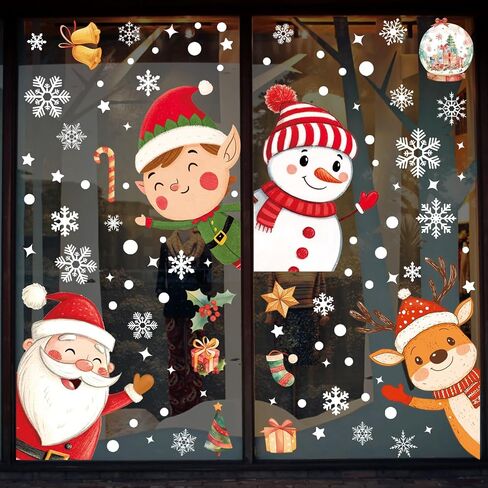 102PCS Christmas Window Stickers for Glass Windows,Double Sided Snowflakes Xmas Window Clings,Reusable Static Santa Claus Reindeer Snowman Christmas Decals,Winter & Holiday Decorations in Saudi Arabia