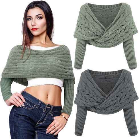 Geyoga 2 Pcs Scarf with Sleeves for Women Knitted Wrap Sweater Scarf with Sleeves Shrugs for Women Wrap Shawl in Kuwait