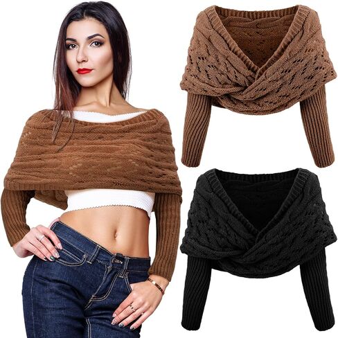 Geyoga 2 Pcs Scarf with Sleeves for Women Knitted Wrap Sweater Scarf with Sleeves Shrugs for Women Wrap Shawl in Kuwait