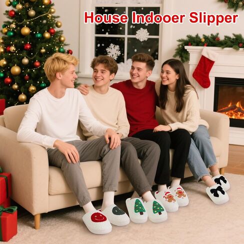 Christmas Slippers for Women Men, Soft Slip-On House Winter Plush Fluffy Cute Slippers for Holiday Xmas Bedroom Indoor Outdoor Use(Bowknot,Gingerbread) in Saudi Arabia