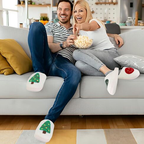 Christmas Slippers for Women Men, Soft Slip-On House Winter Plush Fluffy Cute Slippers for Holiday Xmas Bedroom Indoor Outdoor Use(Bowknot,Gingerbread) in Saudi Arabia