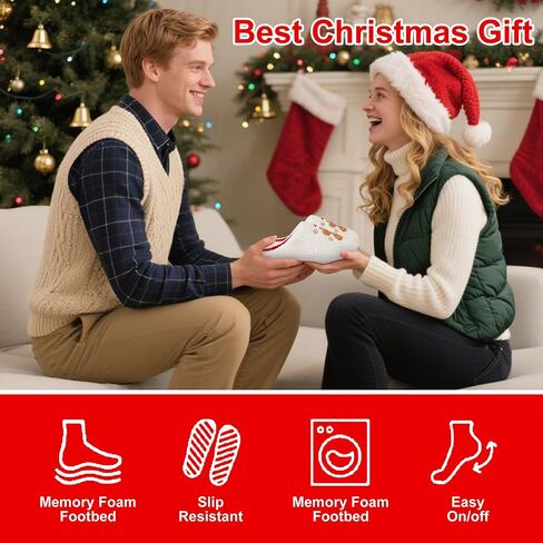 Christmas Slippers for Women Men, Soft Slip-On House Winter Plush Fluffy Cute Slippers for Holiday Xmas Bedroom Indoor Outdoor Use(Bowknot,Gingerbread) in Saudi Arabia