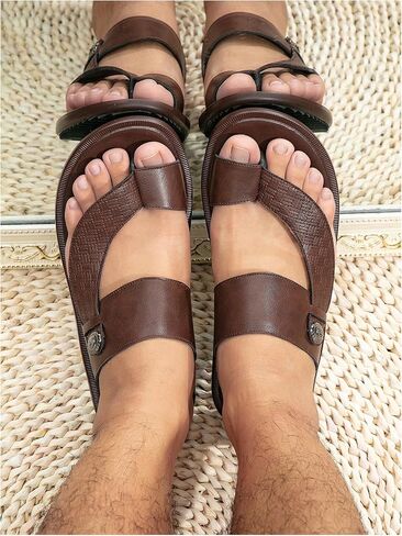 GORGLITTER Men's Beach Leather Double Band Studded Sandals Toe Post Flat Shoes Pu Slide Slippers in Saudi Arabia