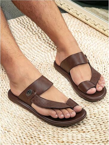 GORGLITTER Men's Beach Leather Double Band Studded Sandals Toe Post Flat Shoes Pu Slide Slippers in Saudi Arabia