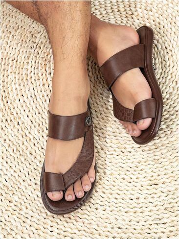 GORGLITTER Men's Beach Leather Double Band Studded Sandals Toe Post Flat Shoes Pu Slide Slippers in Saudi Arabia