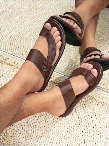 GORGLITTER Men's Beach Leather Double Band Studded Sandals Toe Post Flat Shoes Pu Slide Slippers in Saudi Arabia