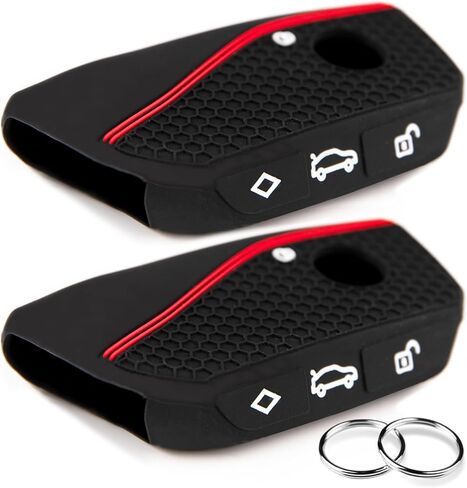 OLLEN 2PCS Soft Silicone Key Fob Cover, Fit for BMW 2023 2024 2025 2026 New 5/7 Series 740i 760i IX IX3 XM X1 X2 X3 X5 X6 X7 I5 I7 etc, Car Key Case Protector with Rings, Red+Blue Line in Saudi Arabia
