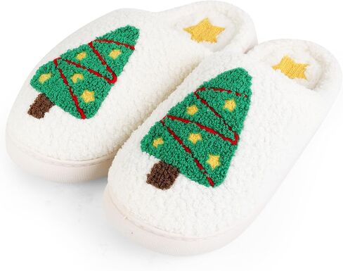 Christmas Slippers for Women Men, Soft Slip-On House Winter Plush Fluffy Cute Slippers for Holiday Xmas Bedroom Indoor Outdoor Use(Bowknot,Gingerbread) in Saudi Arabia