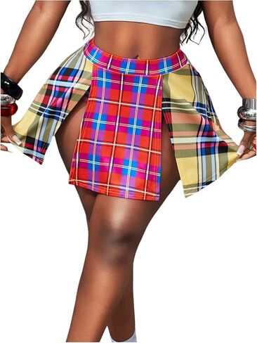 Verdusa Women's Colorblock Plaid Slit Skort Y2K Summer Mini Shorts in Saudi Arabia