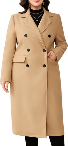 ZOMVA Women's Plus Size Wool Pea Coat Double Breasted Notch Lapel Collar Fall Winter Classic Long Trench Coat in Saudi Arabia