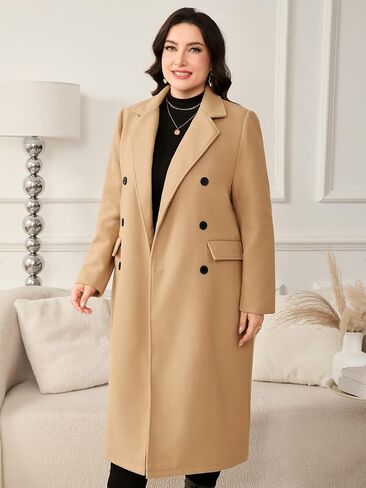 ZOMVA Women's Plus Size Wool Pea Coat Double Breasted Notch Lapel Collar Fall Winter Classic Long Trench Coat in Saudi Arabia