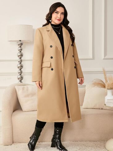 ZOMVA Women's Plus Size Wool Pea Coat Double Breasted Notch Lapel Collar Fall Winter Classic Long Trench Coat in Saudi Arabia