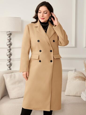 ZOMVA Women's Plus Size Wool Pea Coat Double Breasted Notch Lapel Collar Fall Winter Classic Long Trench Coat in Saudi Arabia