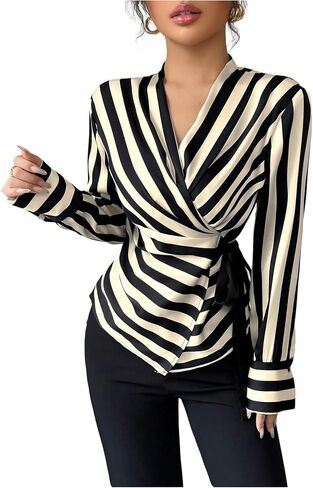 SweatyRocks Women's Long Sleeve Wrap V Neck Striped Blouse Tops Ruched Elegant Work Shirts in Saudi Arabia