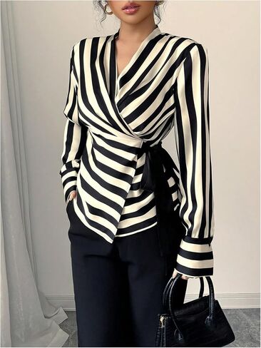 SweatyRocks Women's Long Sleeve Wrap V Neck Striped Blouse Tops Ruched Elegant Work Shirts in Saudi Arabia
